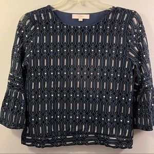 Loft Navy Lace Metallic Circuit Bell Sleeve Blouse (Small)